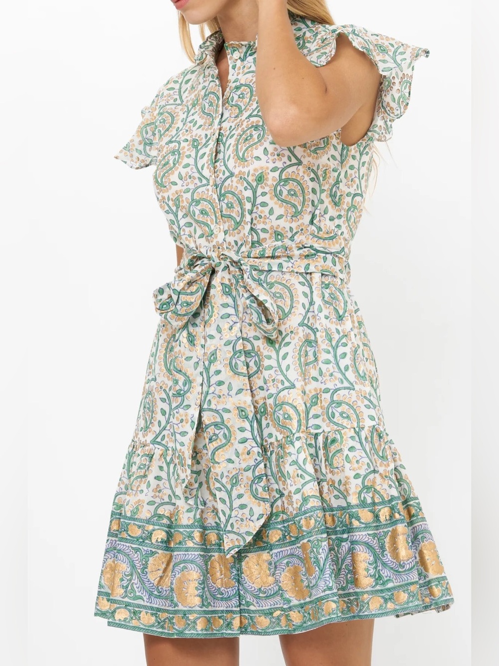 Oliphant Green Paisley Tie-Waist Midi Dress with Gold Accents